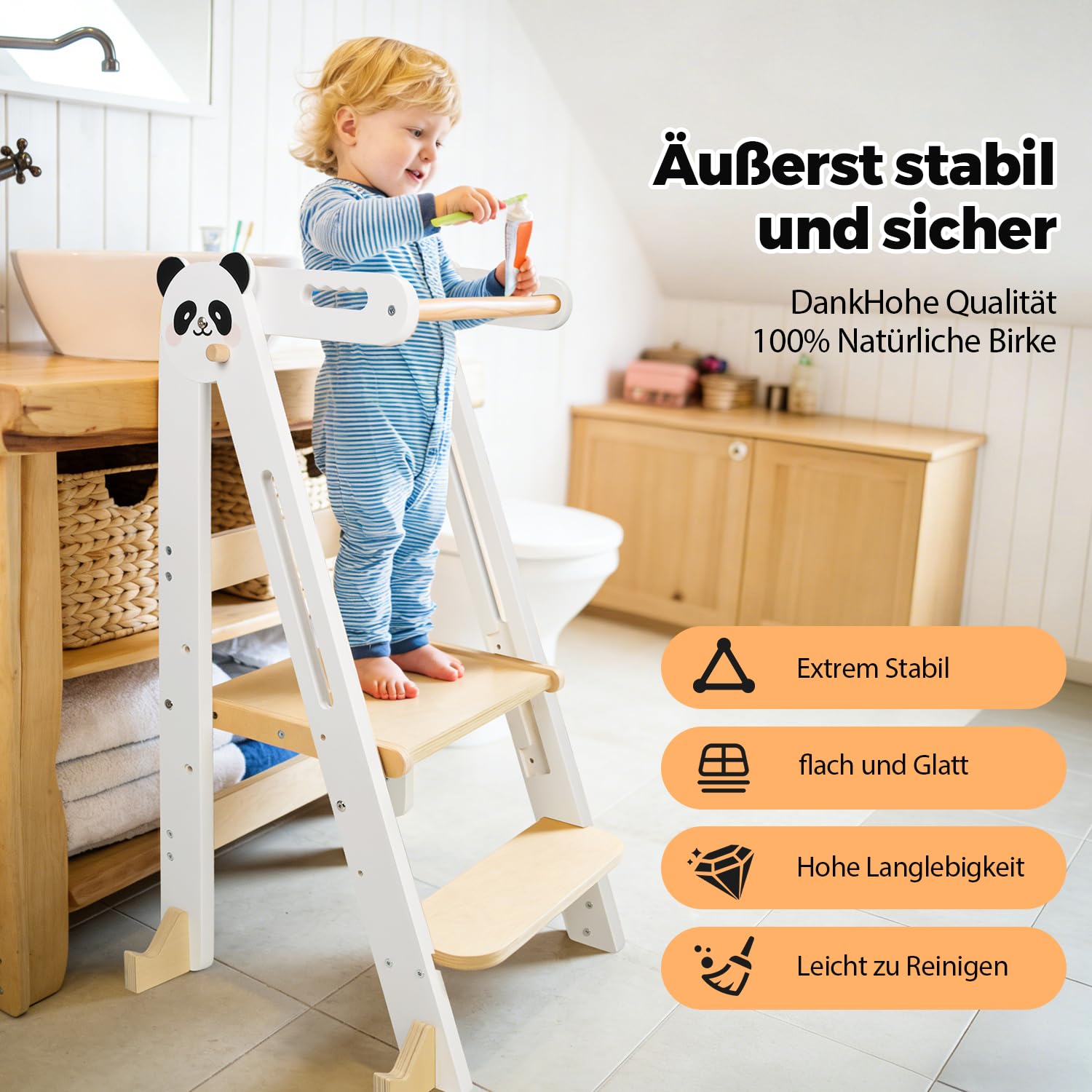 Lernturm Klappbar ab 1 Jahr, Montessori Lernturm aus Holz für Kinder, Höhenverstellbarer Learning Tower mit Sicherheitshandlauf, 360° Kippschutz, Stabiler Küchenhelfer für 1–6 Jahre (Weiß)
