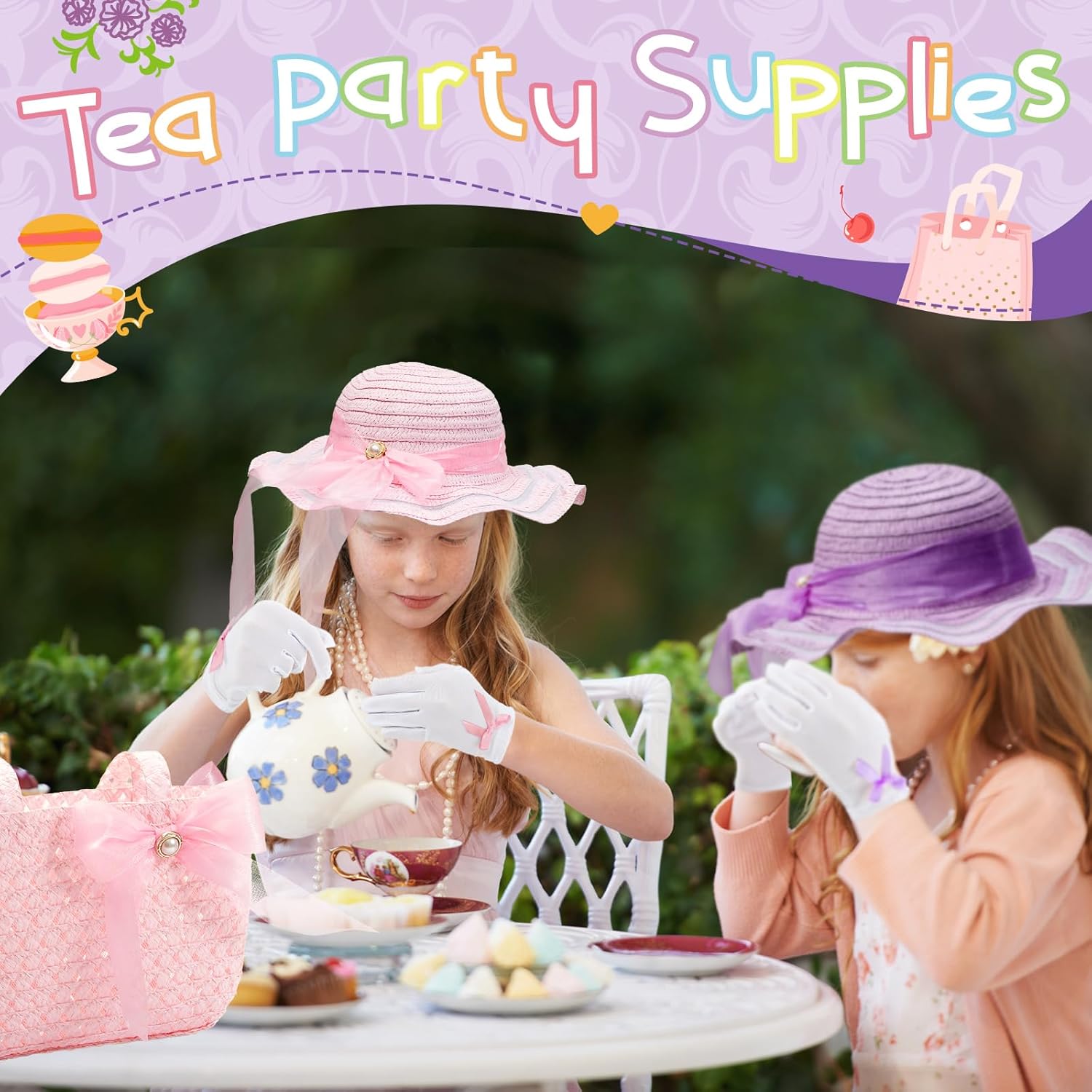 Zhanmai 6 Pcs Girls Tea Party Hats Accessories Set Kids Tea Party Bonnets Hats and Gloves Purses for Girls Dress up Favors - Image 4