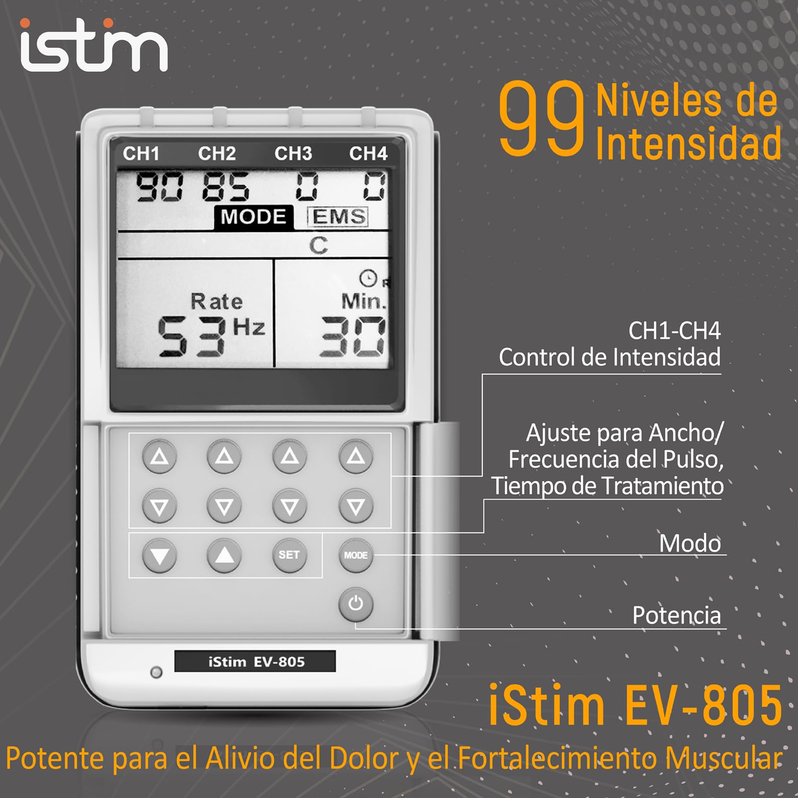 iStim EV-805 TENS y EMS de 4 canales – electroestimulador muscular digital con 16 electrodos reutilizables, portátil para terapia física, alivio del dolor y rehabilitación muscular