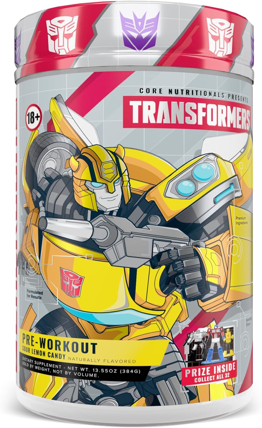 Core Nutritionals Transformers Energon Pre Workout | 300mg Paraxanthine | No Crash Energy & Focus | Free Prize Inside - Bumblebee | 20 Servings (Sour Lemon Candy)