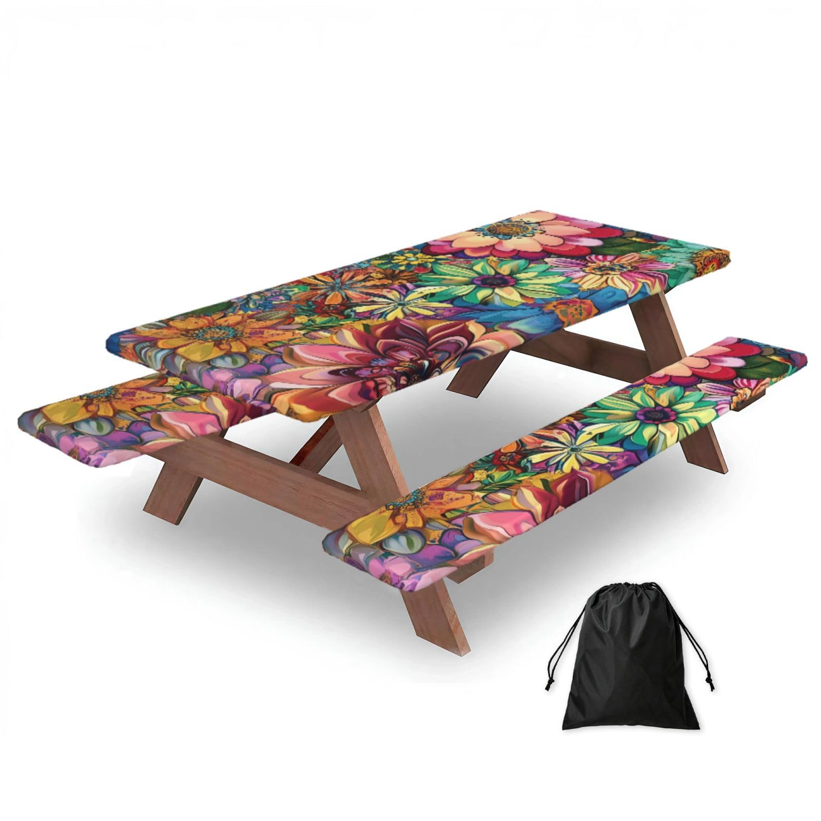 Nappe de pique-nique ajustée avec housses de banc, nappe élastique, imperméable, pour camping, extérieur, 183 cm