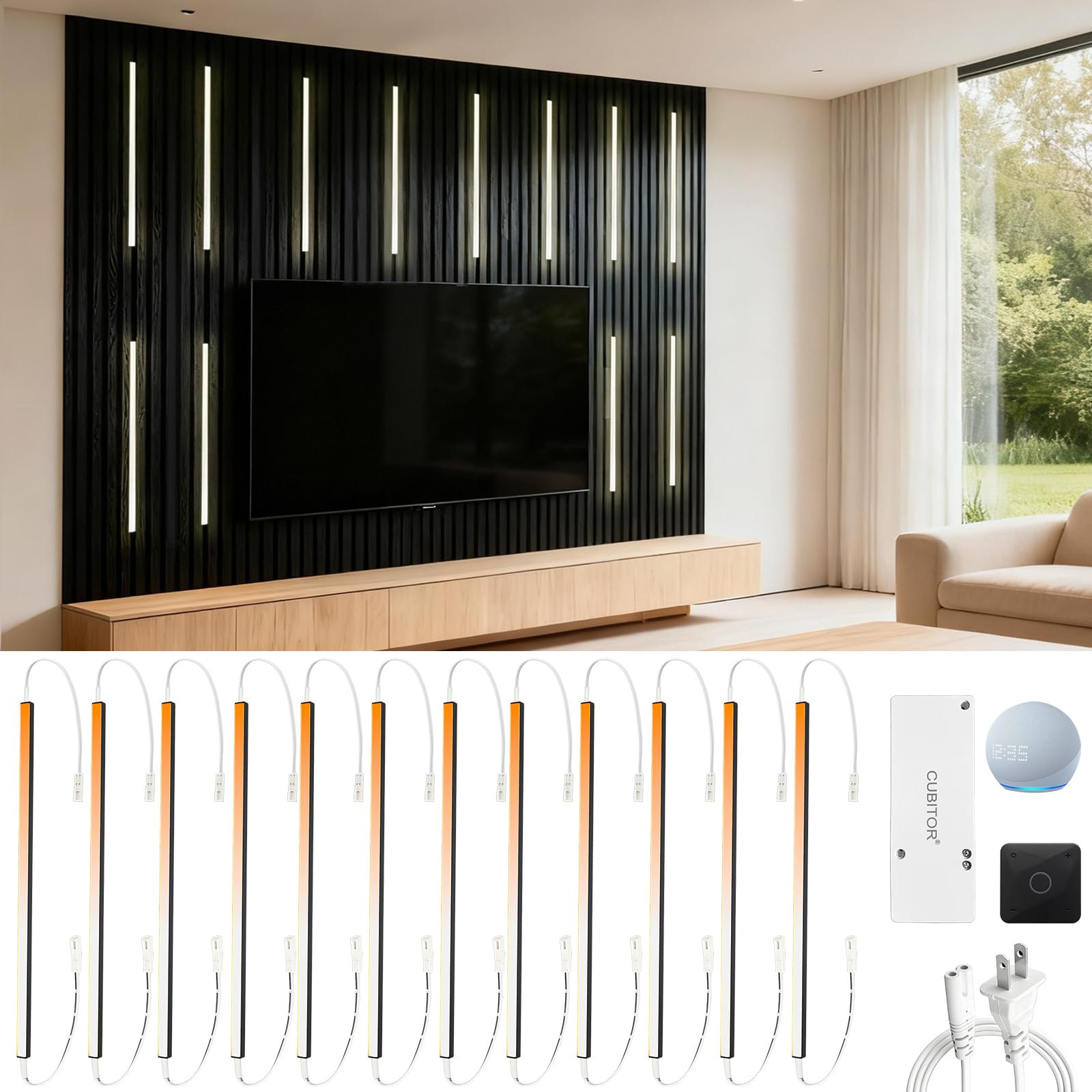 Photo 1 of CUBITOR 12Pcs 15‘’ Linkable CCT COB Recessed LED Light Bar Kit,2700K~6500K,CR90+,with Rechargeable RF & Alexa Voice Control,for Wood Slat Wall Panel,Home Decor,Cabinet DIY Lighting,Black Channel