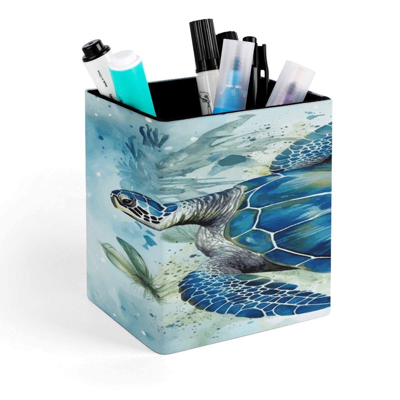 FekiLoot Sea Turtle-Blue Pen Holder for Desk Minimalist Leather Pencil Holder Fashion Modern Pencil Cup Decorative Square Pen Cup Locker Organizer for Office Work Locker Accessories