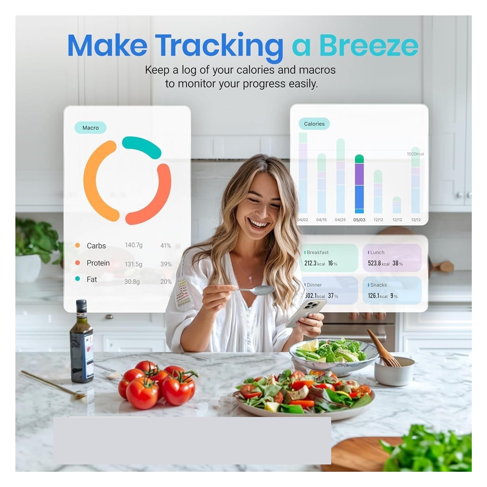 Balanza analítica Digital Báscula Inteligente for Alimentos de 11 LB, rastreador calorías y macros con aplicación