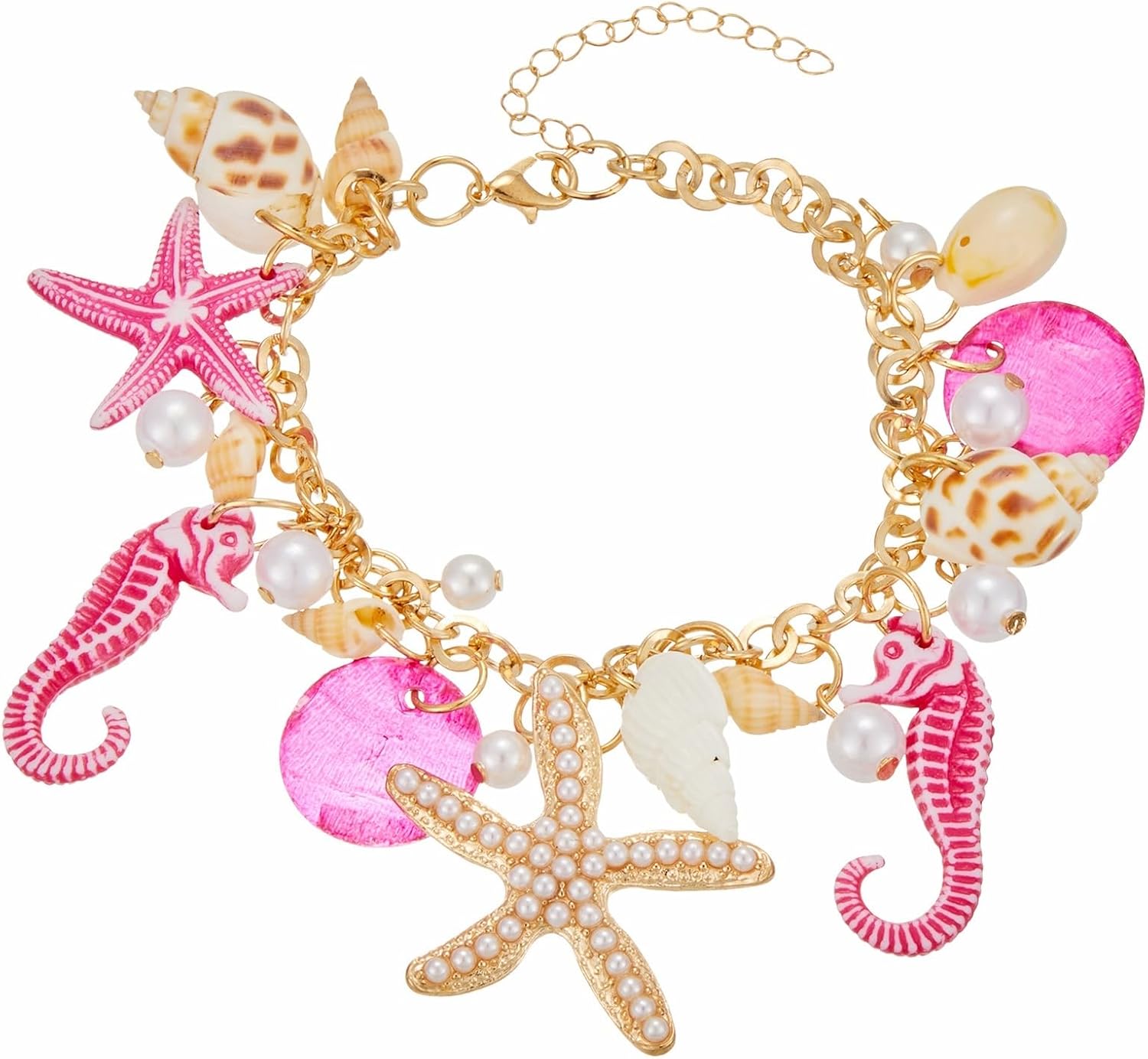 Spiritrain Handmade Starfish Seashell Pearl Bracelets for Women Gold Plated Bohemian Charm Sea Shell Couch Beads Adjustable Chain Anklet Bracelets Hawaiian Beach Holiday Mermaid Costume Jewelry Gifts