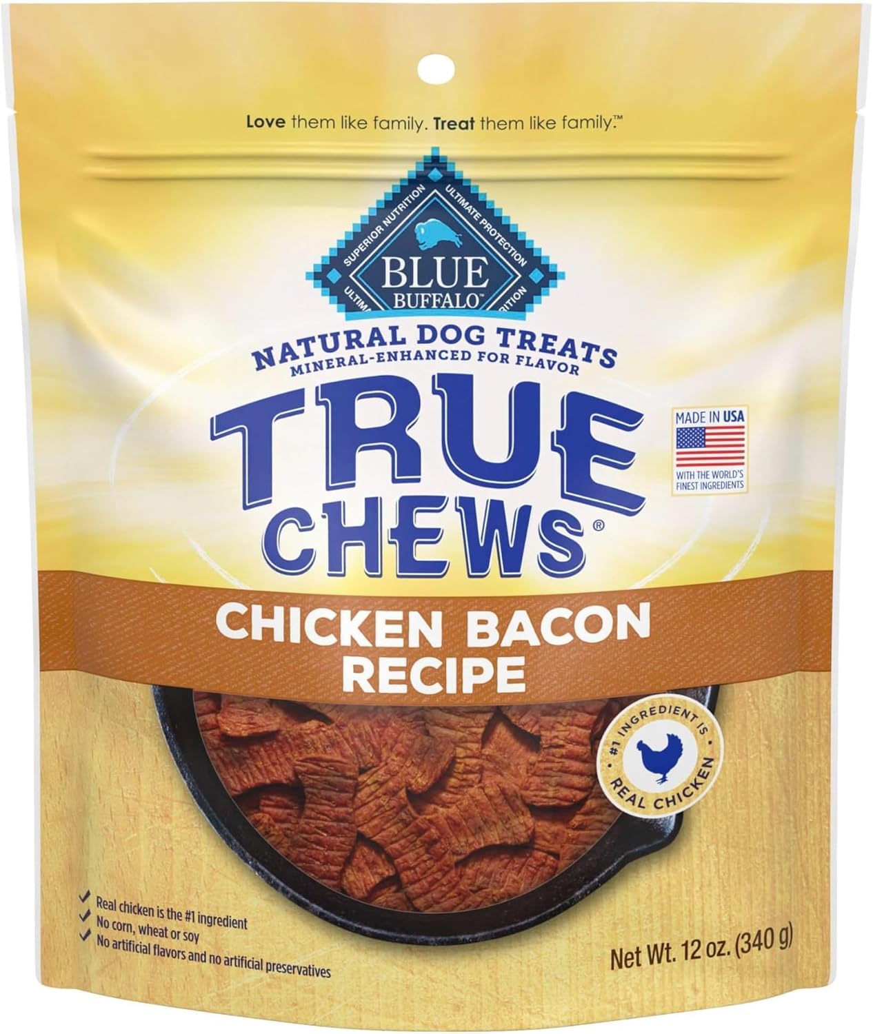Blue Buffalo True Chews Dog Treats, Made in the USA with Natural Ingredients, Chicken Bacon Recipe, 12-oz Bag (Pack of 6)