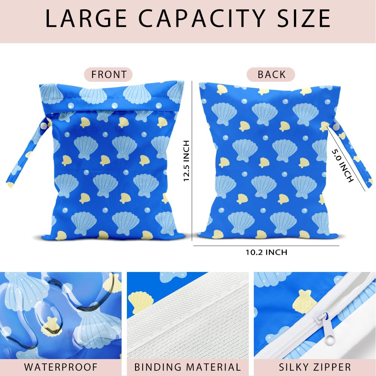 Wet Bag, 4Pcs Wet Dry Bag Set, Reusable Waterproof Bags with Seashell & Pool-Themed Patterns for Women, Suitable for Beach Trips & Daily Organizing