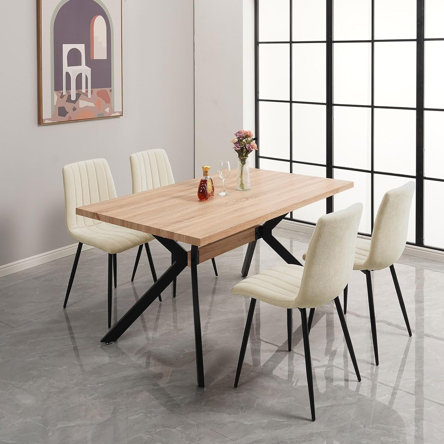JIJIAN Set 4 Sedie da Pranzo, Sedie da Cucina in Lino, Beige | Gambe in Metallo, Stile Moderno, Portata Fino a 120 kg, Sedie Imbottite per Sala da Pranzo, Soggiorno e Cucina