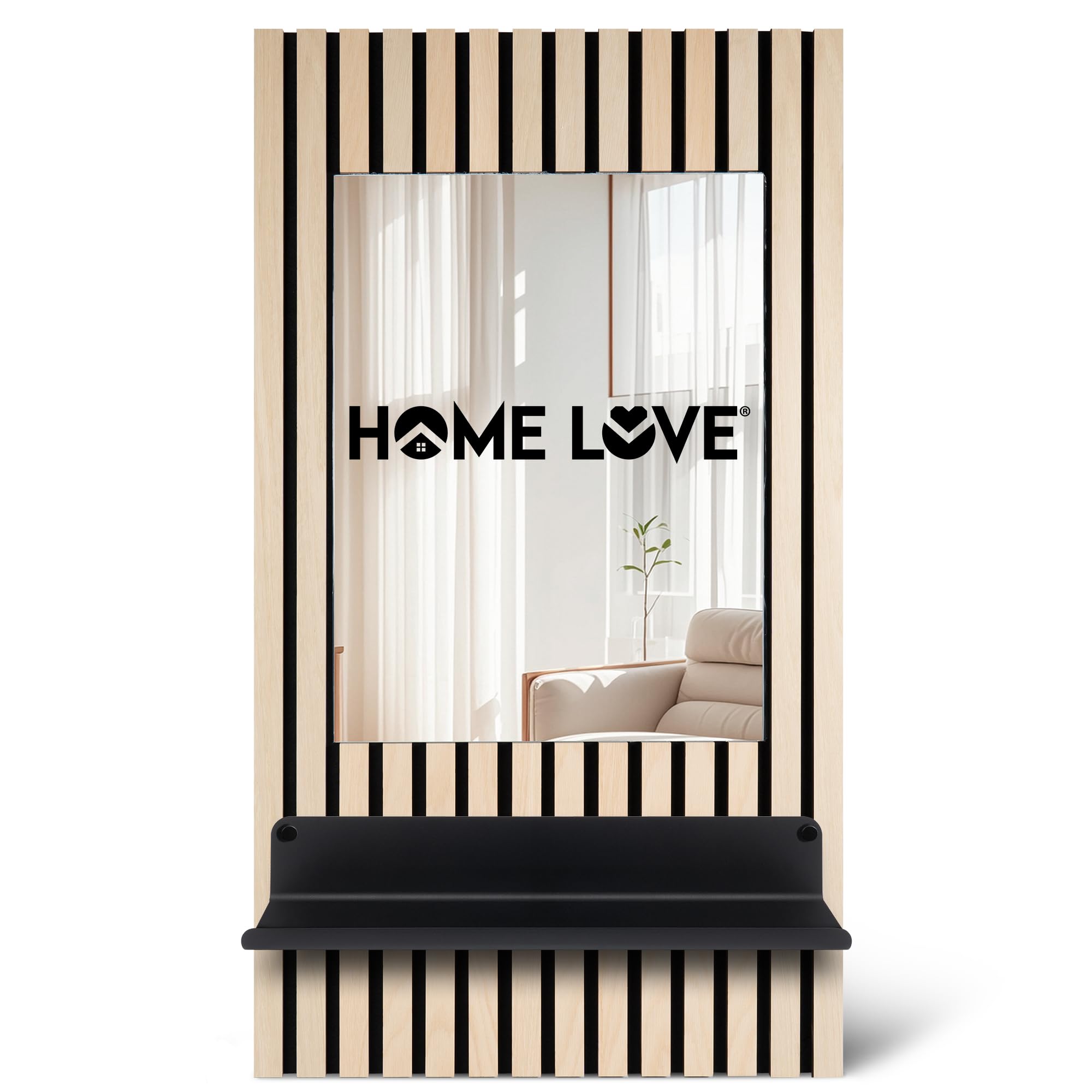 HOME LOVE Wandspiegel Flur mit Ablage 110×55 cm | Spiegel mit Regal für Schlüssel & Deko | Flurspiegel Wand mit höhenverstellbarer Ablage | Garderobenpaneel Helle Eiche auch als Badspiegel