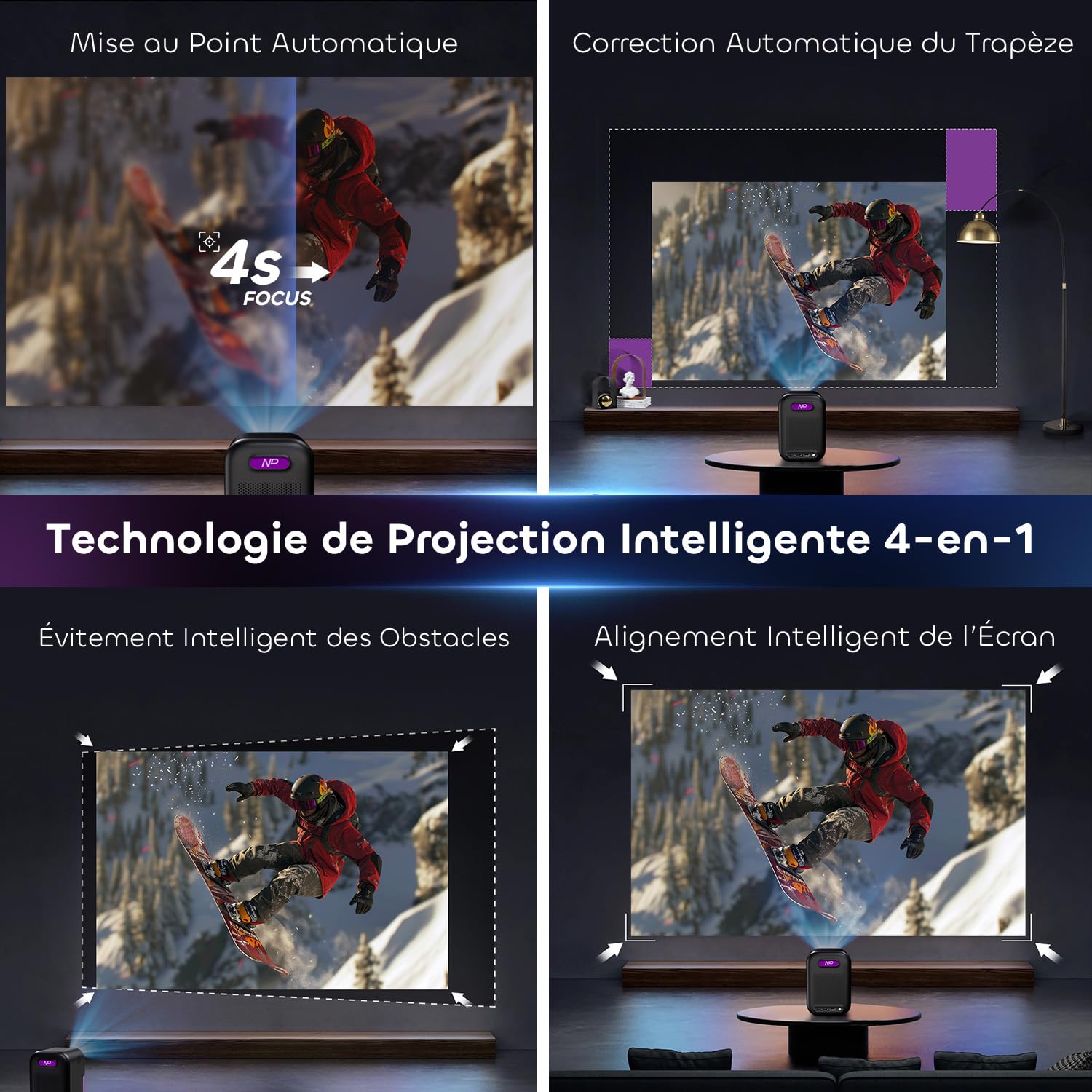 Projecteur avec WiFi, Bluetooth, Full HD 1080P, Support 4K, Audio Dolby Intelligent. Idéal pour cinéma Maison ou extérieur. HDMI Mini Portable NP One
