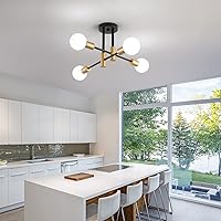 Vista 3 de Lámpara de Araña Sputnik Moderna Negra y Dorada Accesorios de Iluminación de Techo, 4 Luces de Metal Industrial de Mediados de Siglo Semi Empotradas