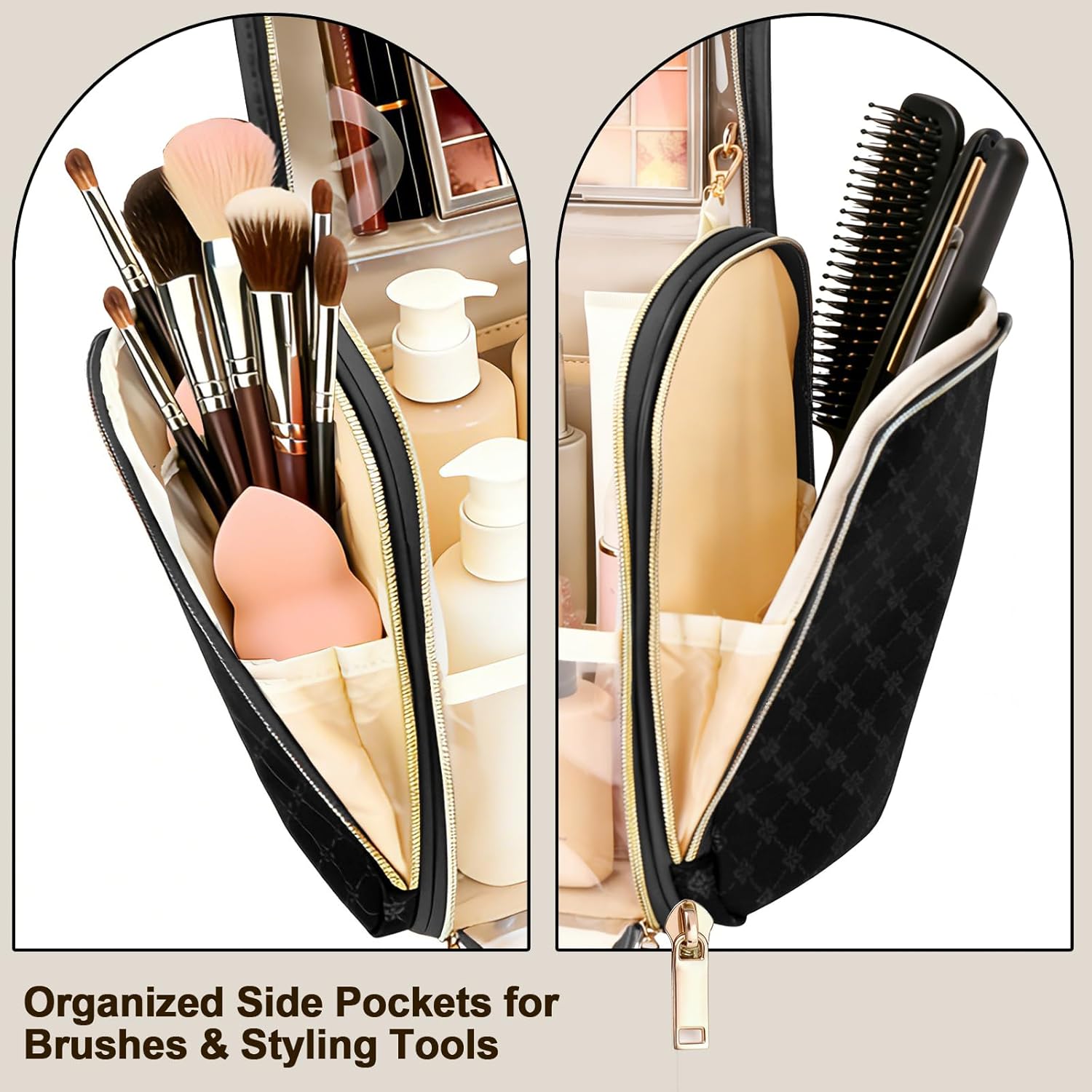 Women Travel Toiletry Bag with Mirror, Large Capacity Make up Bag with Hanging Hook,Anti-collapse Design Travel Cosmetic Organizer for Full-Size Shampoo,Accessories & Essentials (Black)