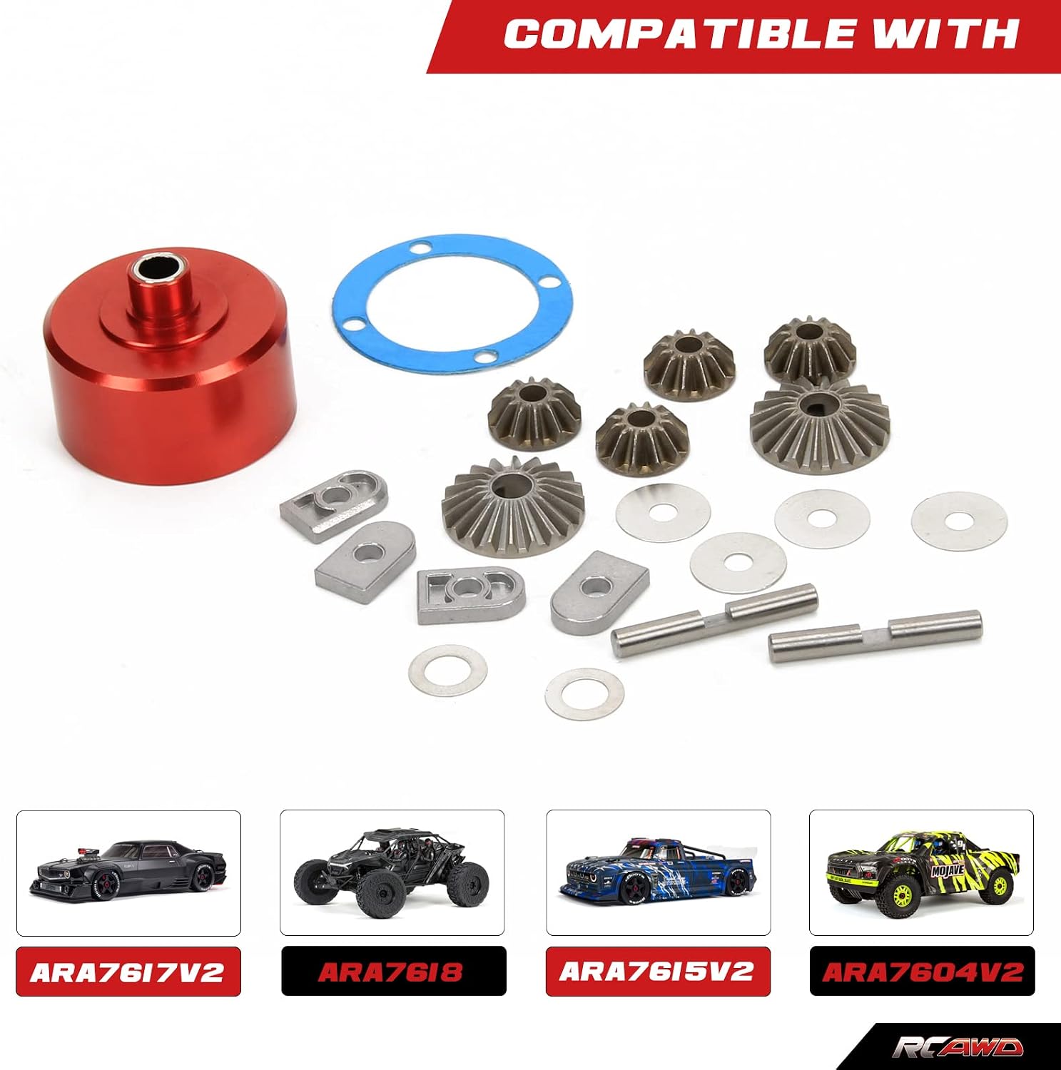 RCAWD Metal Diff Case with Diff Gear Set Diff Gasket Upgrades Parts for ARRMA 6S 1/7 Felony, Fireteam, Infraction, Mojave 6S, Limitless Roller, 1/8 Kraton, Notorious, Outcast, Talion, Typhon 6S Red