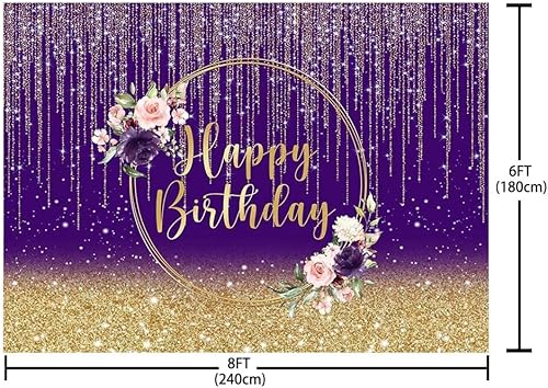 Miniatura 5 de Telón de fondo de cumpleaños dorado morado de 8 x 6 pies para mujer, fondo de fotografía de feliz cumpleaños, purpurina dorada, decoración de fiesta