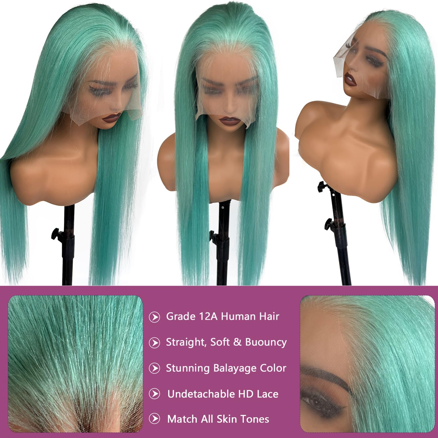 Ubetta Aqua Blue Lace Front Wigs Human Hair Glueless Transparent 13x6 Lace Front Wigs Human Hair Pre Plucked 20 Inch Colored Turquoise Wig Human Hair 180% Density HD Lace Frontal Wigs for Women