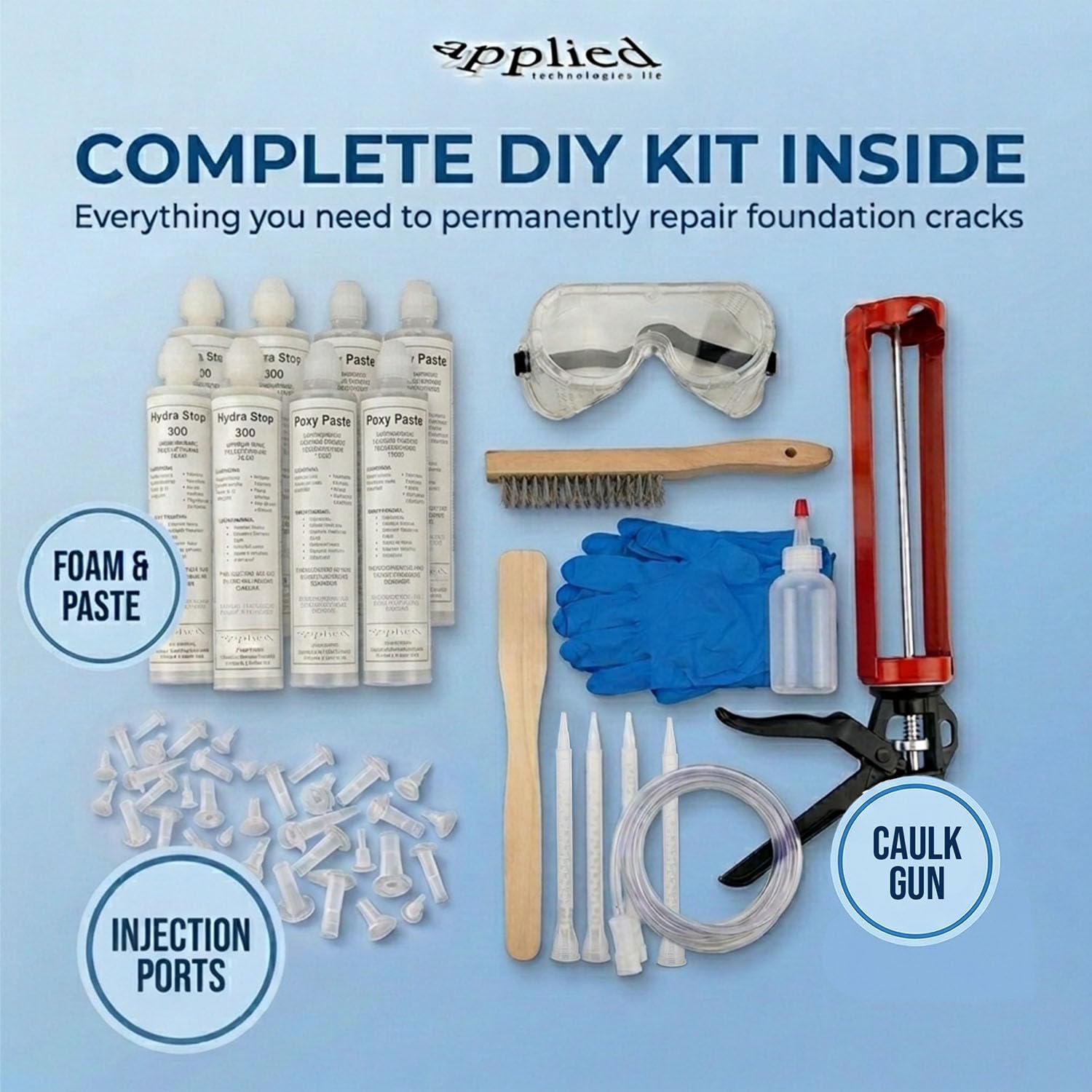 20' Fast Set Foundation Crack Repair Injection Kit, Hydra Stop 300 Expanding Polyurethane Foam Concrete Crack Filler, Basement Wall Leak Sealant, Waterproof Repair System for Wet Basement Solutions