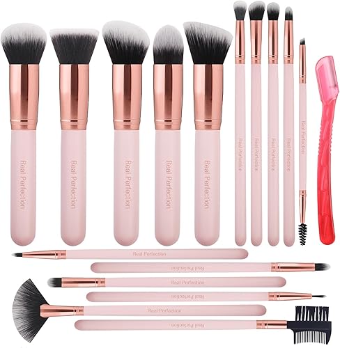Real Perfection Makeup Brush Set 16 Pcs with 1 Eyebrow Razor Premium Synthetic Foundation Powder Concealers Eyeshadow Blush Makeup Brushes Make up Brushes Kit (Pink)
