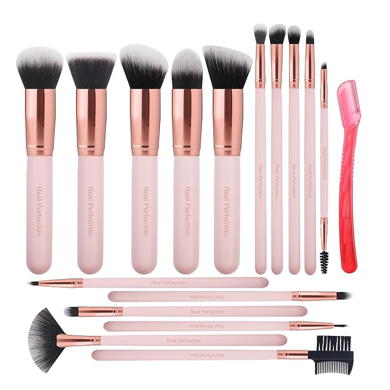 Kit de Pincéis de Maquiagem Real Perfection com 16 Peças, 1 Lâmina para Sobrancelhas e Cerdas Sintéticas, Rosa