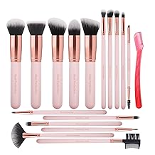 Real Perfection Set de Pinceles de Maquillaje 16 Piezas con 1 Cuchilla para Cejas Premium Cepillos Sintéticos Fundación Polvo Corrector Sombra de Ojos Rubor Pinceles de Maquillaje Kit (Rosa)