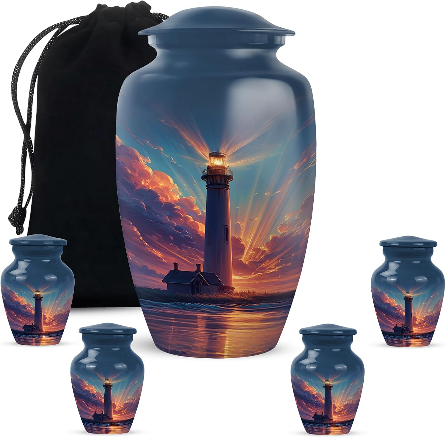 Lighthouse Cremation Urns for Human Ashes - Funeral Mini Urns for Human Ashes Mom & Dad - Large Memorial Urn for Man and Women - Funeral Ash Urn for Remains 10 Inch & 3 Inch, Set of 5