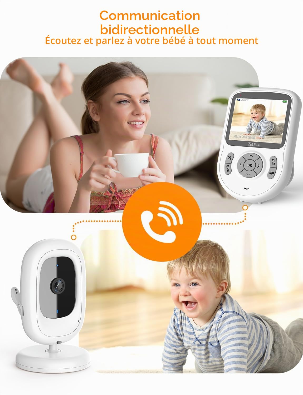 TakTark Babyphone caméra [2.8 pouces/720p IPS Babyphone] caméra bébé sans WiFi/app, 1000ft Long Range, 750mAh Battery, 2-Way Talk, VOX, 3×Zoom, Night Vision, Temperature Monitoring, Lullabies