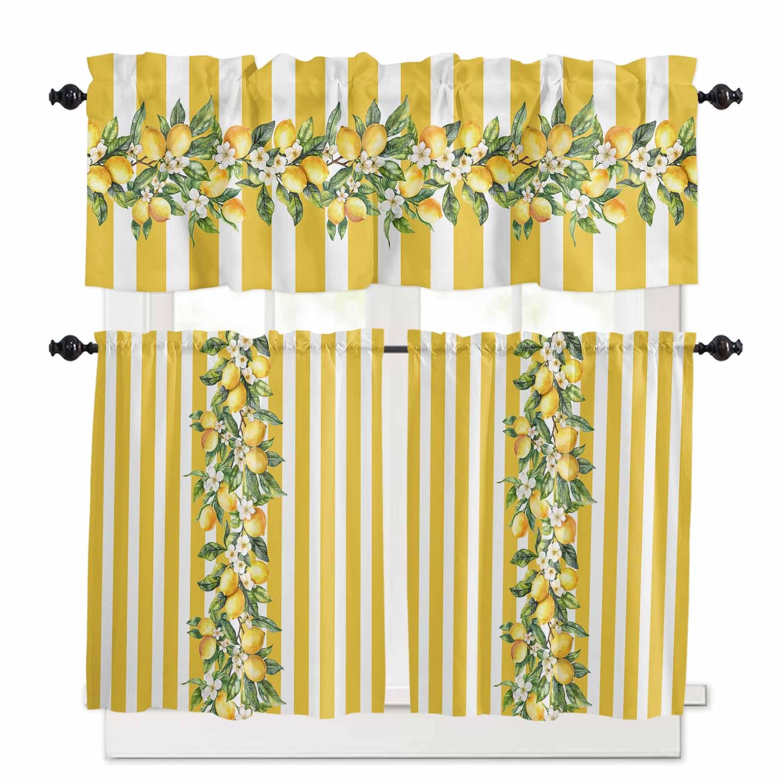 Yellow Lemon Stripes Kitchen Curtains 36 Inch Length,3 Piece Rod Pocket Small Half Tiers and Valance Set,Summer Spring Fruit Flowers Leaves Small Large Window Treatment Decor for Bedroom/Bathroom