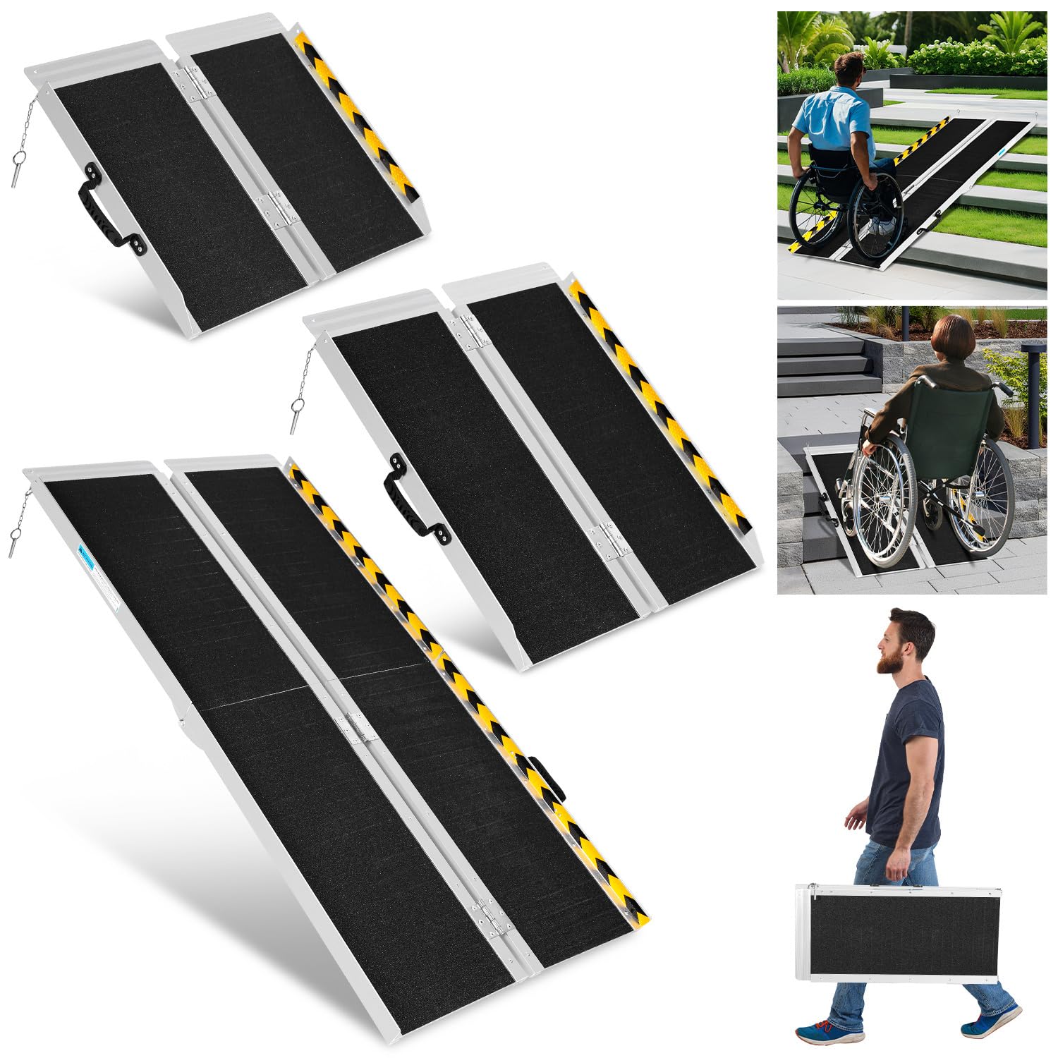 Rampa portátil para silla de ruedas de 61 cm, de aluminio, antideslizante, soporta hasta 270 kg, rampa de acceso móvil plegable, adecuada para escaleras, escalones, umbrales de puertas y más