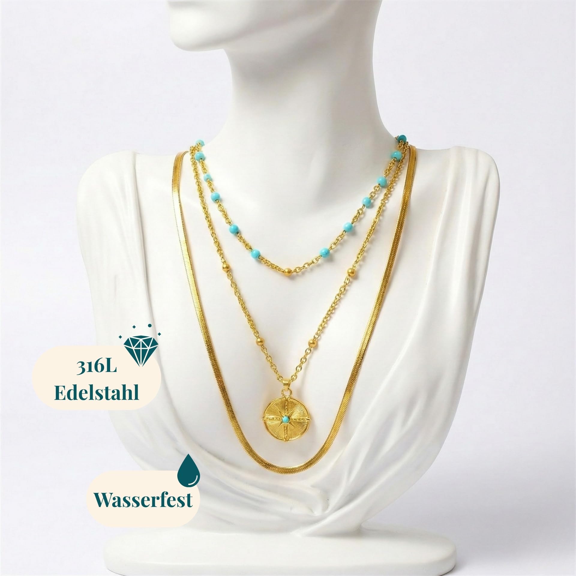 Halskette Damen Layering Schlangenkette Gold & Silber aus Edelstahl – 3-Reihig Wasserfest & Verstellbar (Ein Verschluss) – Schmuck Geschenk für Frauen – Freigeist-Kollektion