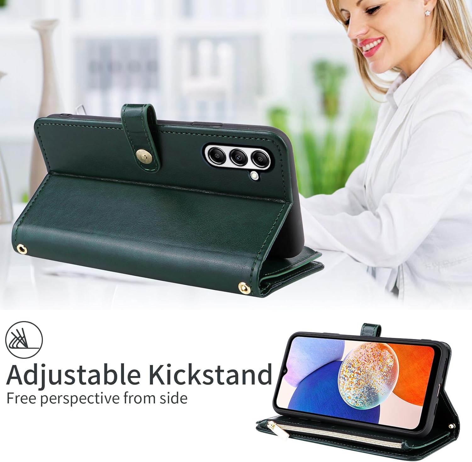 Dswteny for Samsung Galaxy S24 Plus/S25 Plus S24+ S25+ 5G Floral Wallet Case, Zipper Purse Flip Credit Card Holder Stand Cell Phone Cover for S24Plus 24S + S 24 24+ S25Plus 25S 25+ Women Men Green - Image 5