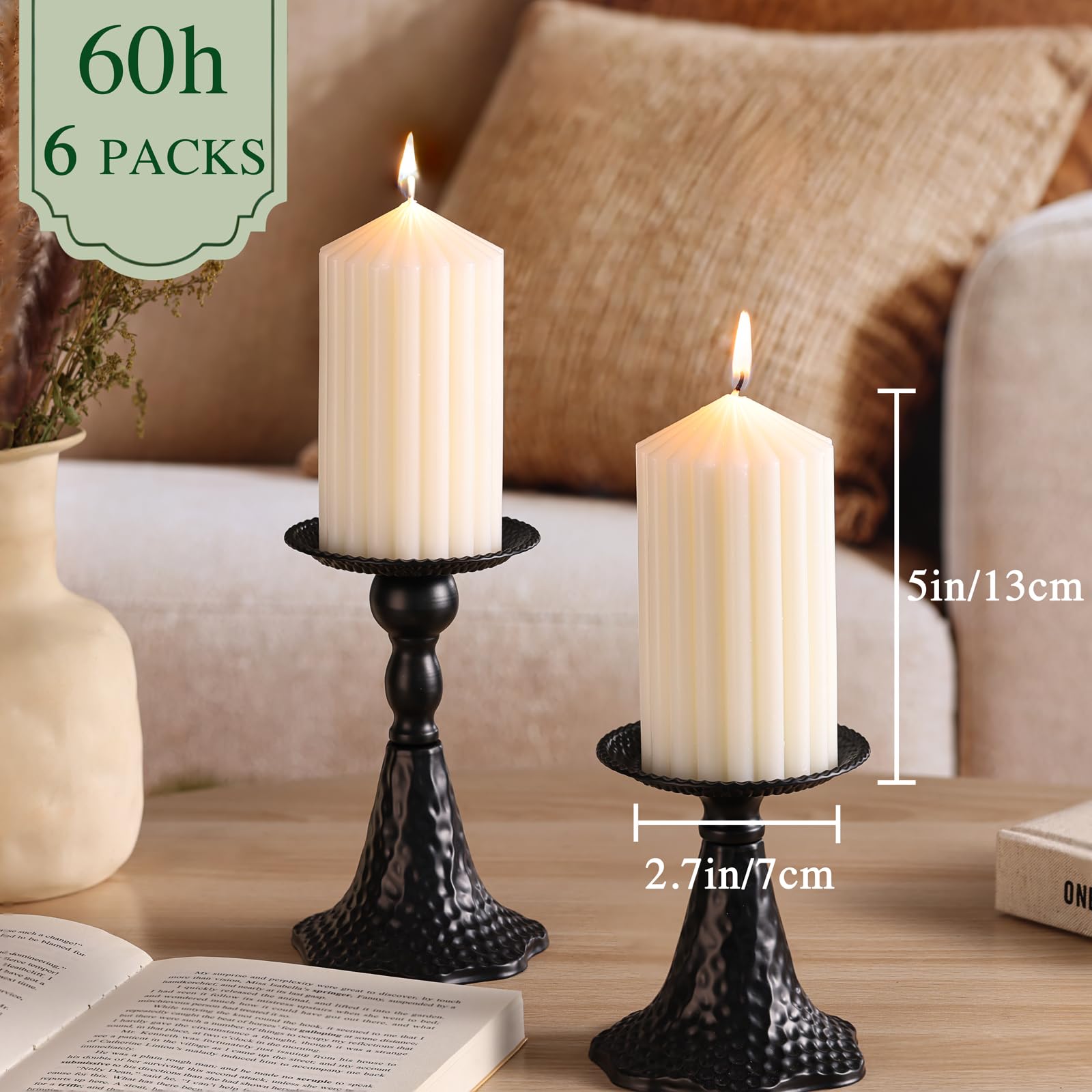 6 velas de cera de soja, cada una de 60 horas de combustión, velas acanaladas de cera de soja 100% pura natural, velas de pilar no tóxicas de larga combustión para el hogar, boda, iglesia