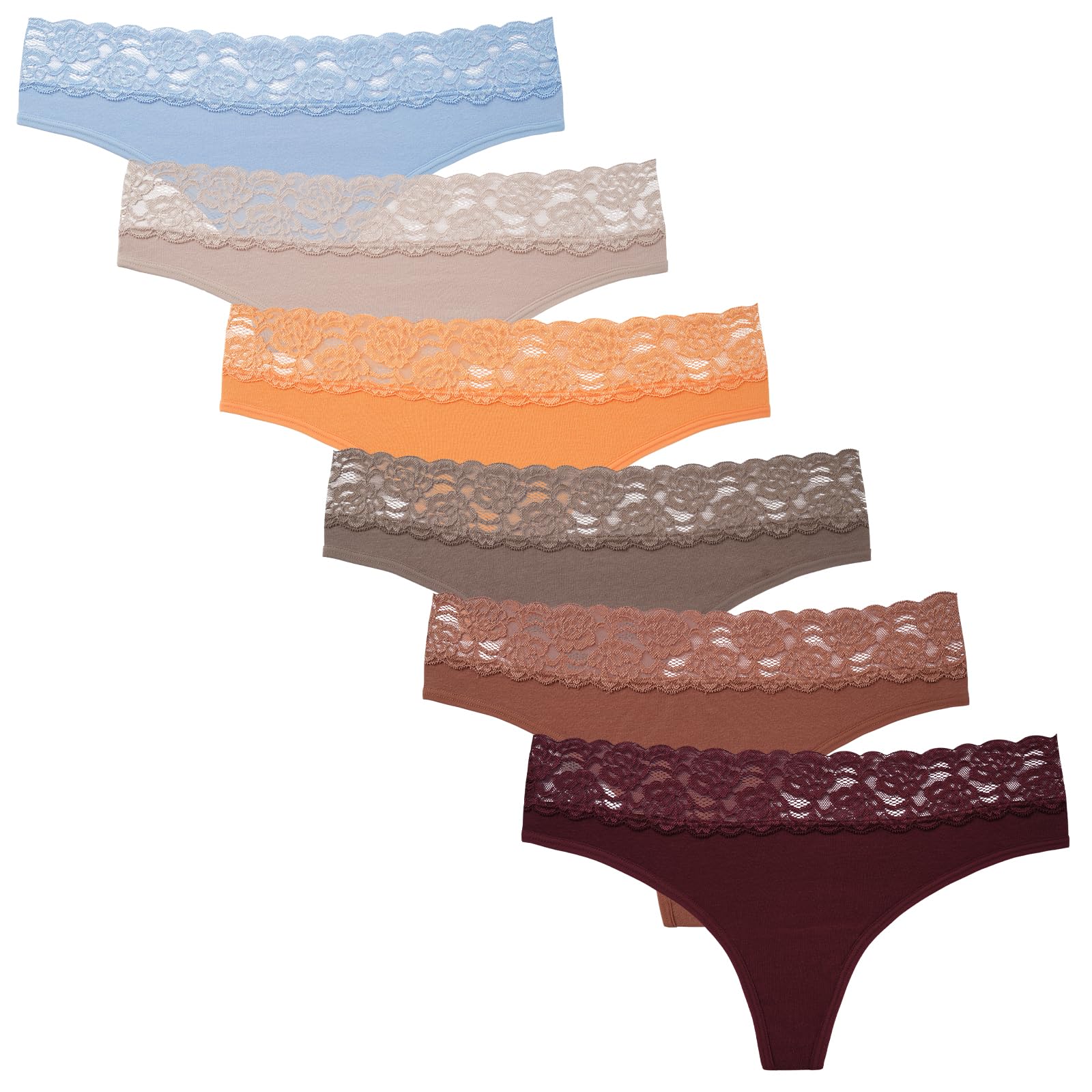 INNERSY String Tanga Damen Sexy Spitze Baumwolle Unterwäsche Frauen Hipster Pantys 6er Pack (M, Maillard-Farben/Blau)