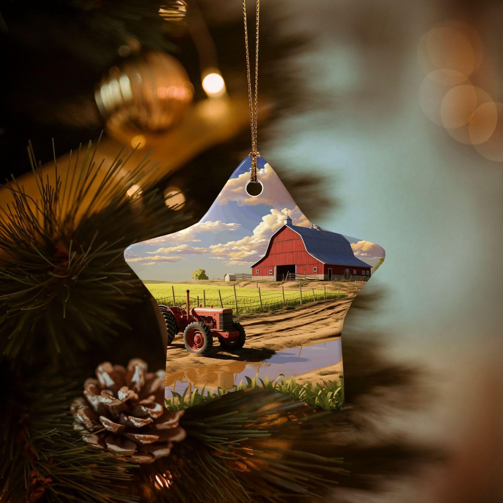 Christmas Tree Ornaments Ceramics Christmas Decorations Farm Morning Barn Ornaments with Gold Ribbon Porcelain Xmas Tree Crafts Star Shape Hanging Pendant for Christmas Tree Party Decor