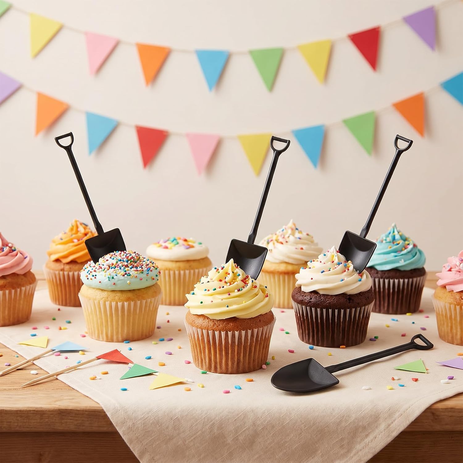 60 Pcs Black Mini Shovel Spoons, Disposable Plastic Dessert Spoons for Ice Cream Cupcake Pudding Dessert Cups Decorations Theme Party Favors Supplies