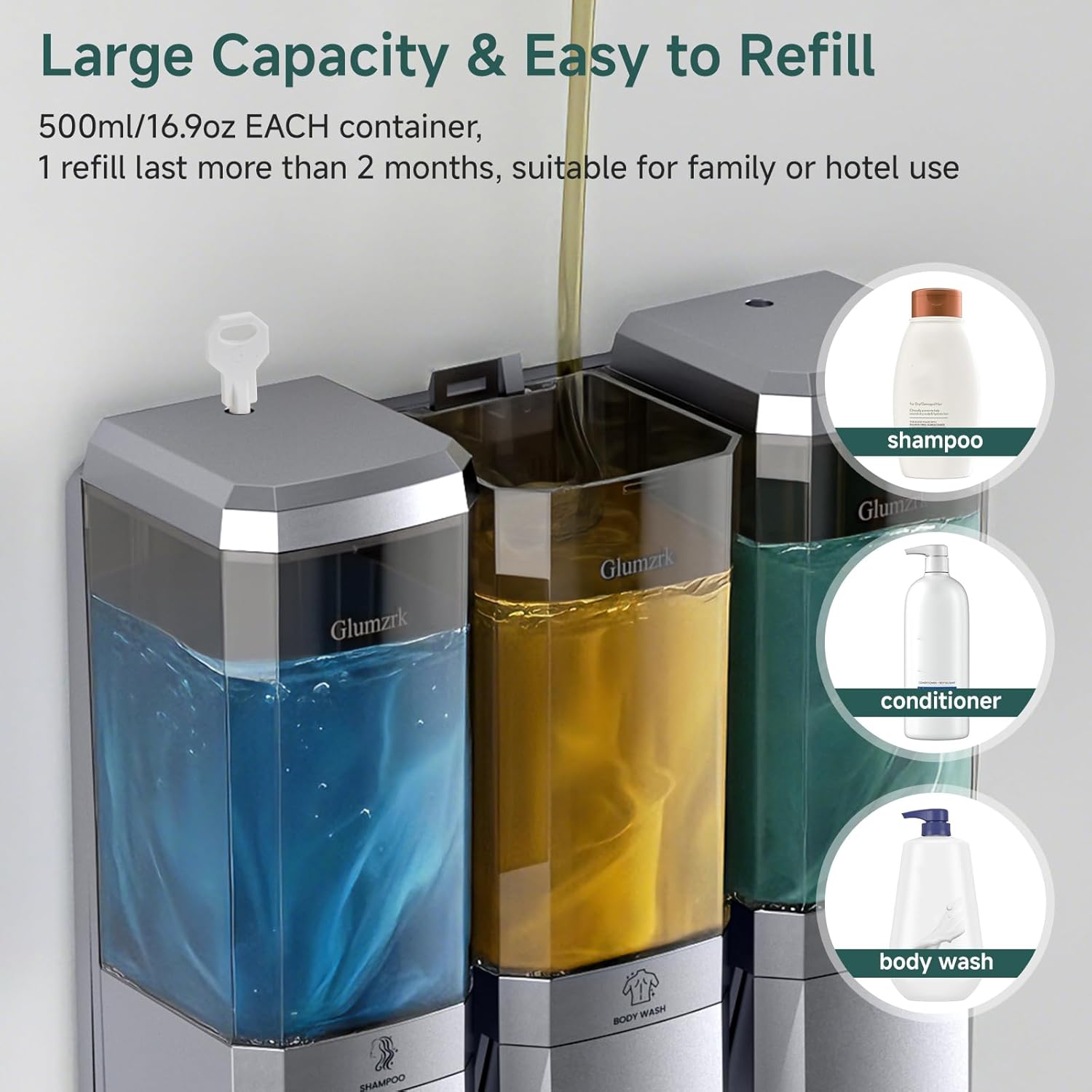 Shampoo and Conditioner Dispenser Wall Mounted No Drill, Shower Soap Dispenser 3 Chamber Shampoo Conditioner Body Wash Refillable 3 * 17oz Shower Soap Dispenser for Bathroom Hotel, Silver+Smoke Gray - Image 4