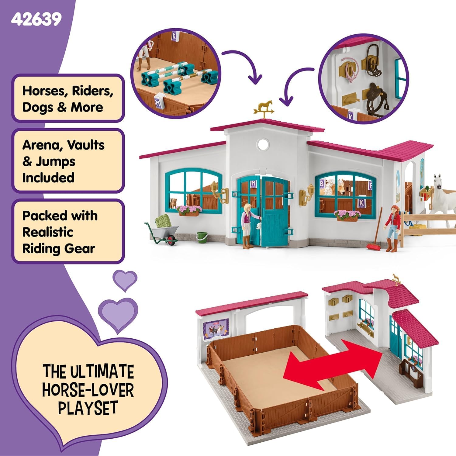 Diagram showing step-by-step assembly of the Schleich Horse Club Peppertree Riding Arena Playset, illustrating how to connect wall panels and attach roof sections.