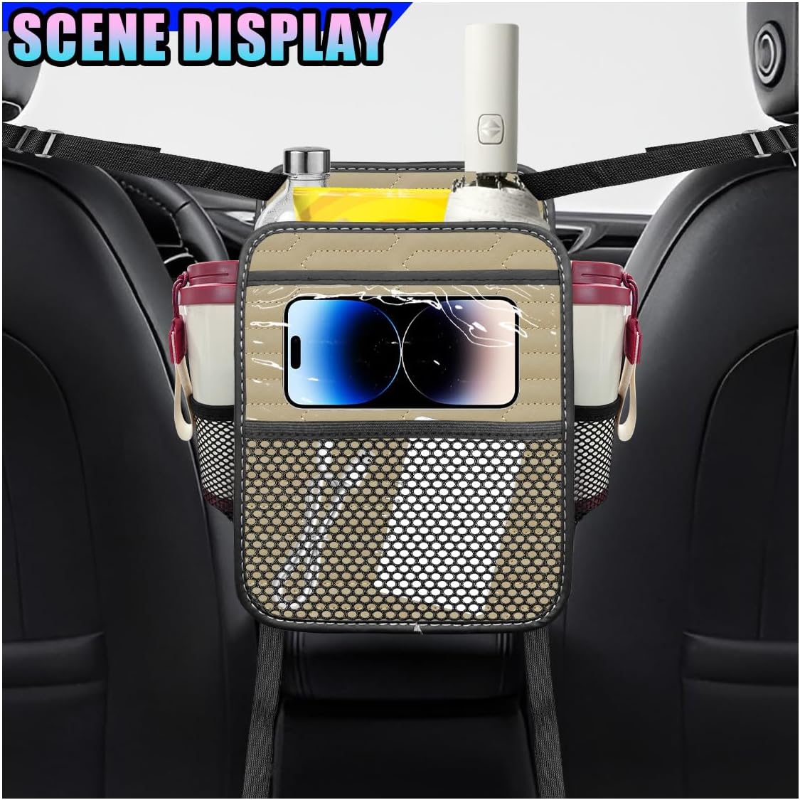 Car Between Seat Organizer, Premium Leather Auto Storage Bag, Large Capacity Cup Holder & Console Storage, Multifunctional Car Seat Gap Organizer with Barrier for Kids & Pets (Beige) image 3