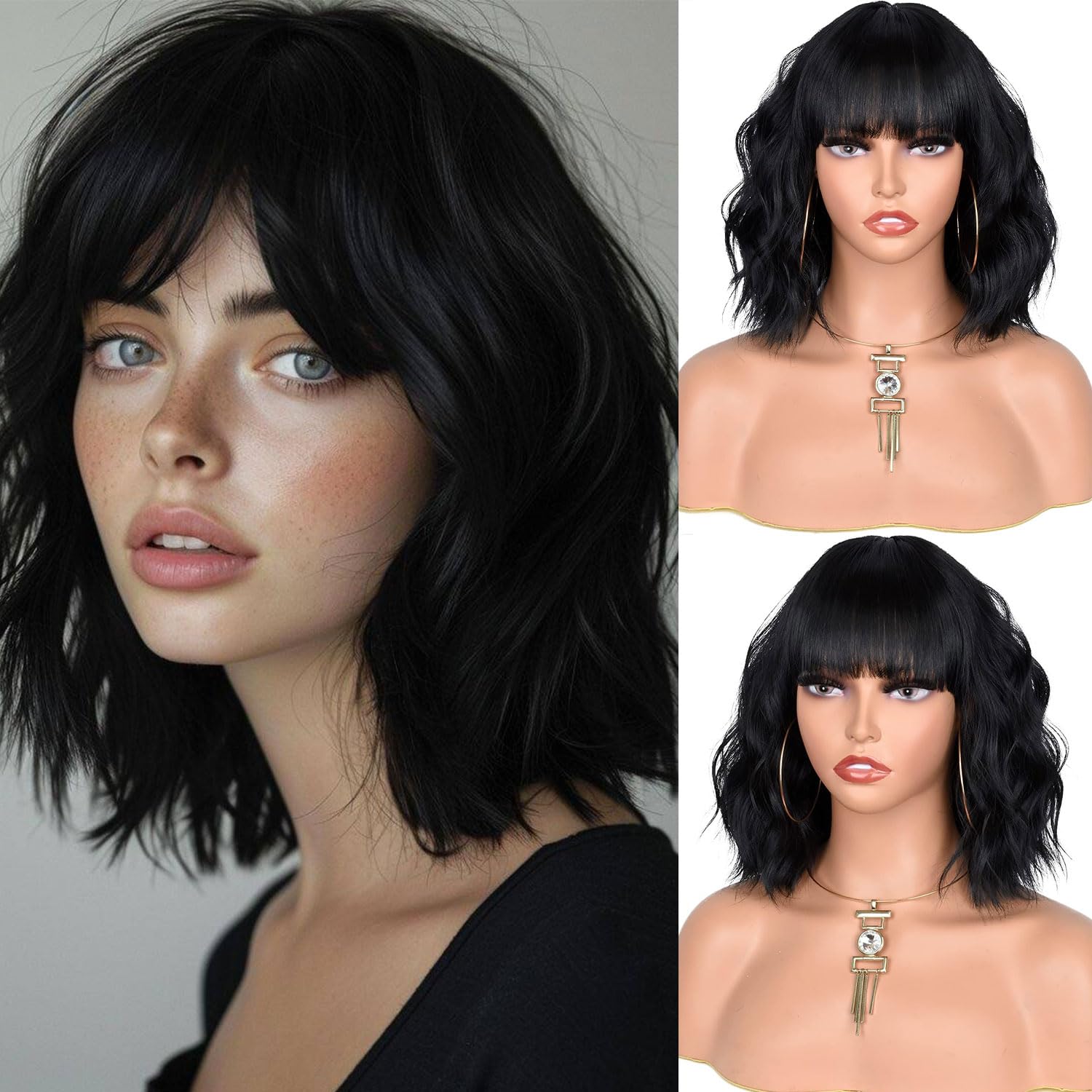 ISAMY Short Bob Wigs With Air Bangs Shoulder Length Women's Wig Bob Curly Wavy Synthetic Cosplay Wig for Girls Daily Use Colorful Wigs (Black)