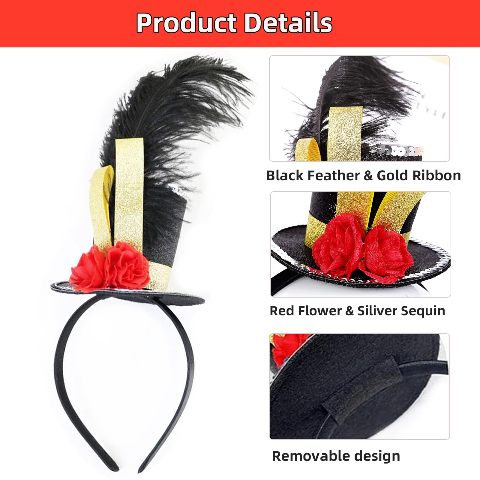 Myqiqi Black Mini Top Hat Headband Fascinator Ostrich Feather Top Hat for Ringmaster Circus Costume for Men Women Festival Halloween Christmas Headwear Carnival - Image 4