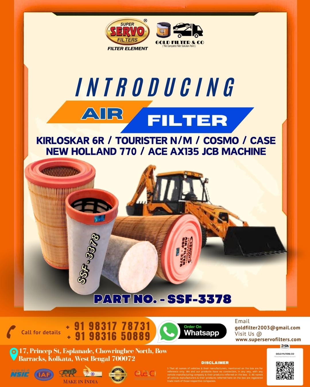 SUPER SERVO FILTERS SSF-3378 AIR FILTER KIRLOSKAR 6R / TOURISTER