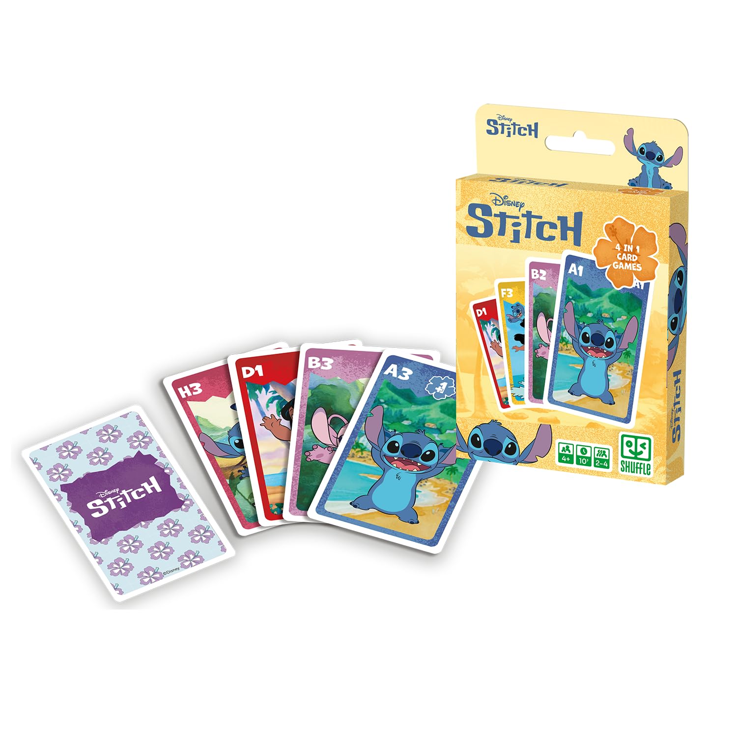 Shuffle – Gioco di carte 4 in 1 Stitch - 7 famiglie, battaglia, memo e azione - Gioco di carte Disney Lilo & Stitch per bambini, famiglia e amici - a partire da 4 anni, a partire da 2 giocatori