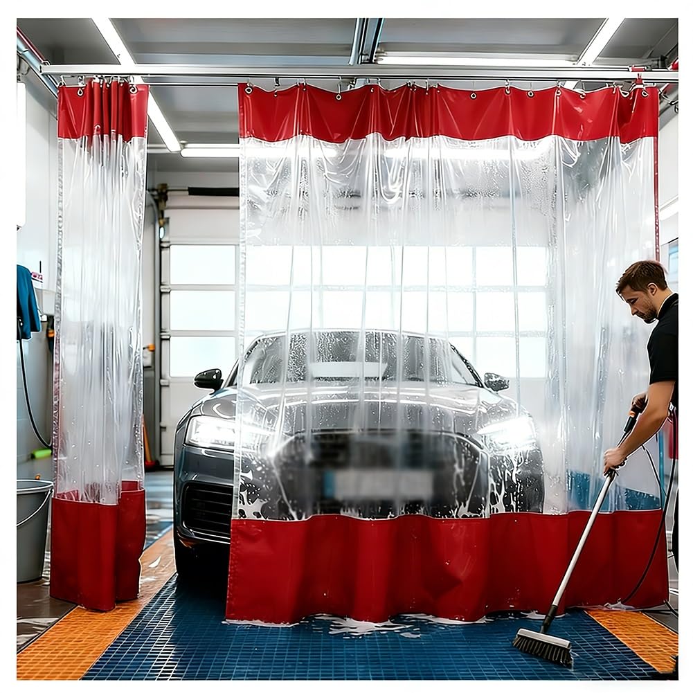 GJZQDKX Garage Divider Curtains for Work Areas with Metal Eyelets, Vinyl Panels Clear Tarp, Heavy-Duty Waterproof Car Wash Partition Curtain, for Porch Wash Car Depot(Rosso,3x3m/9.8x9.8ft)