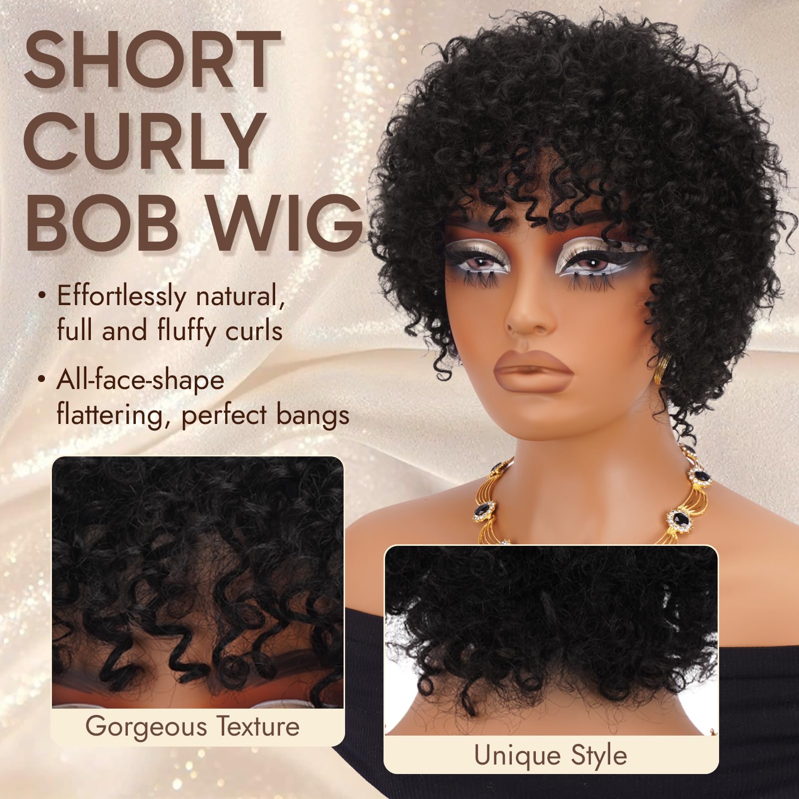 RUWISS Short Kinky Curly Wig Human Hair 10 Inch Human Hair Bob Wigs with Bangs Wear and Go Glueless Short Wigs for Black Women Natural Black - Image 3