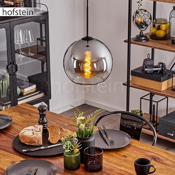 hofstein Koyoto hanglamp, metaal/glas hanglamp in zwart/rook/helder, 1-lamps armatuur in vintage/retro design met glazen kap (Ø 25 cm), hoogte max. 147 cm, 1 x E27, zonder gloeilamp photo 2