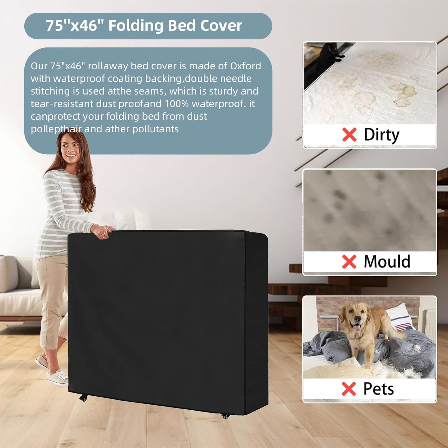 Folding Bed Cover, Cover Designed for 75" x54'' Full Size Rollaway Beds, Universal Folding Bed Waterproof Storage Cover, Suitable for Folding Size 54''x44''x14'', No Zipper, Not Easy to Break