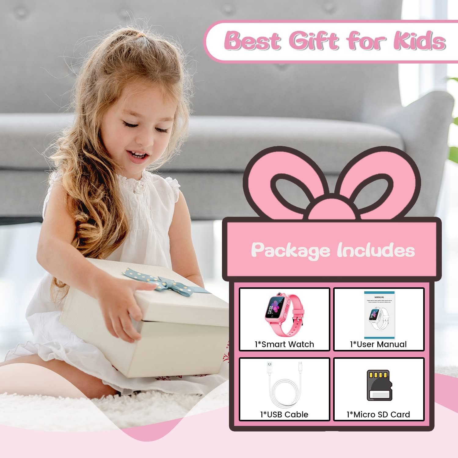 Awatty smartwatch bambini,smartwatch bimbi bimbi bimbi giocattoli bambini 3 4 5 6 7 8 9 10 11 12 anni con scheda micro SD fotocamera 14 giochi musica sveglia - rosa