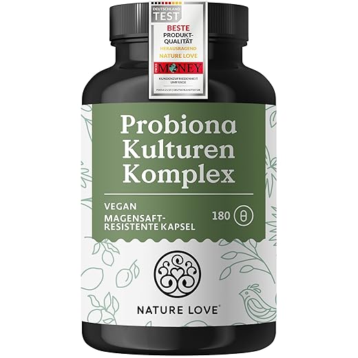 NATURE LOVE® Probiona Komplex - 20 Bakterienstämme + Bio Inulin - 180 magensaftresistente Kapseln - 2X hochdosiert: 20 Mrd KBE je Tagesdosis - Vegan, in Deutschland produziert
