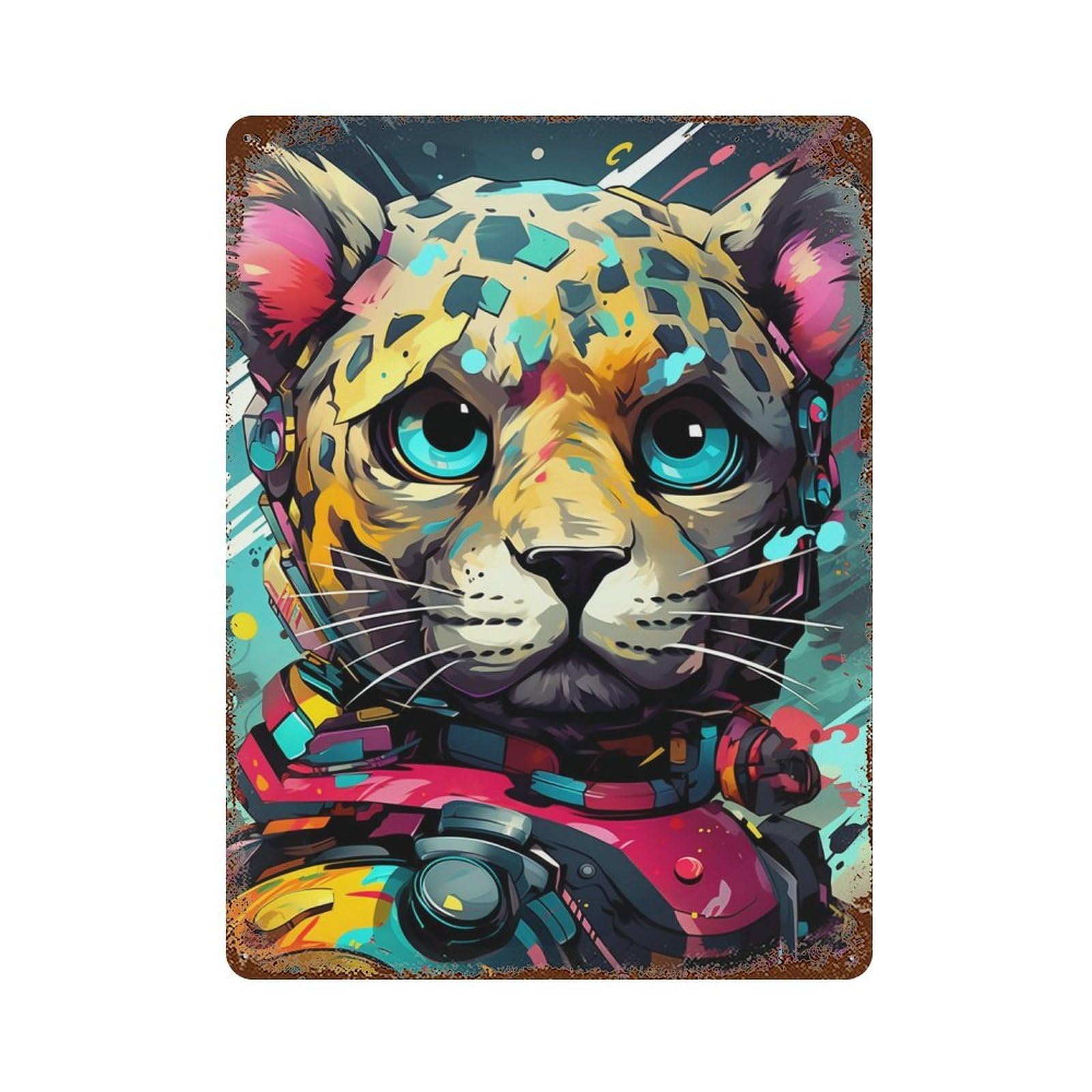 Rust Effect Cyber Leopard Armor Suit Weathered Tin Sign 15.7"x11.8", Retro Wall Decor for Garage, Bar And Workshop Decor