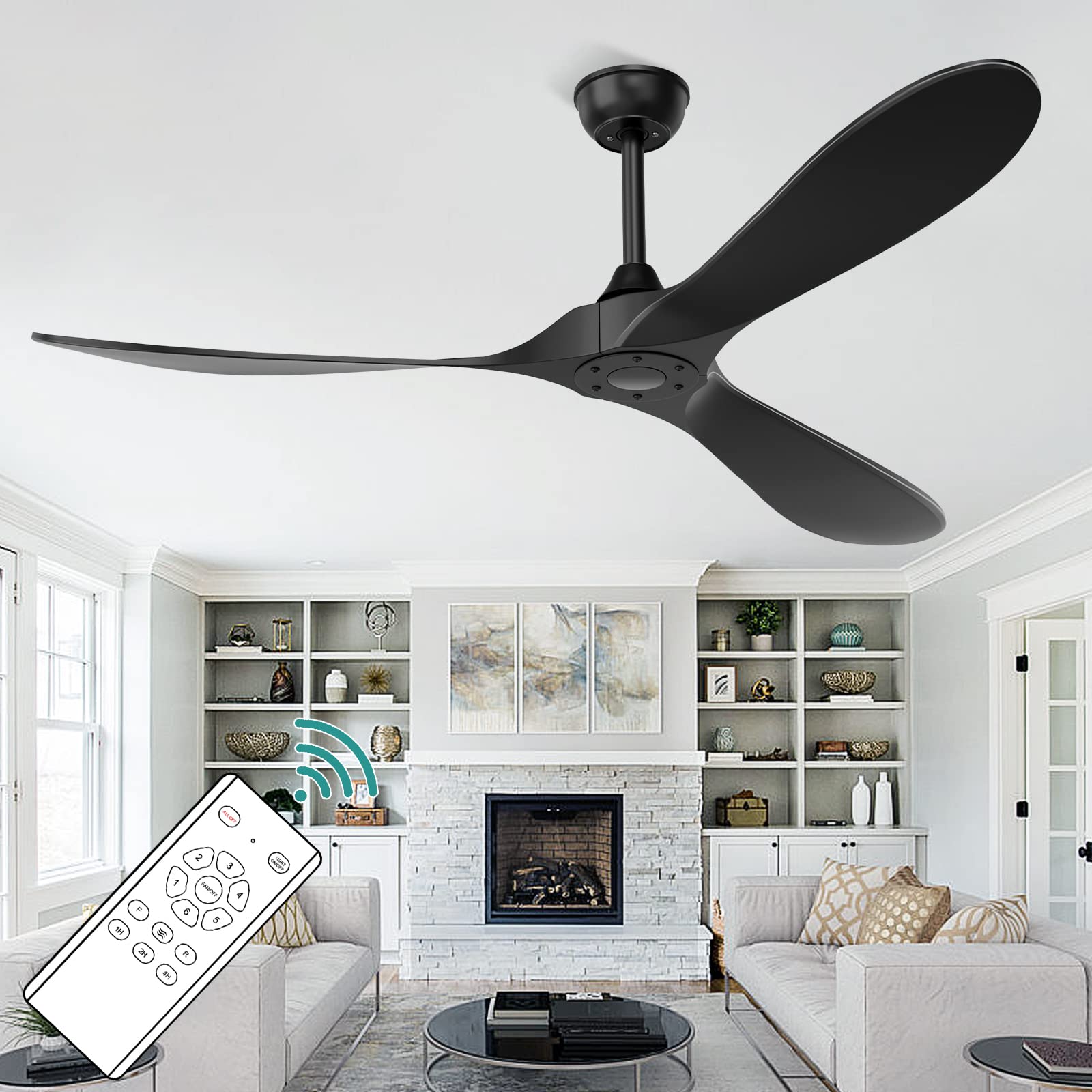 CLUGOJ Black Ceiling Fan, Modern Ceiling Fans with Remote, Indoor/Outdoor Ceiling Fans for Patios Farmhouse Bedroom, 60" Ceiling Fan no Light