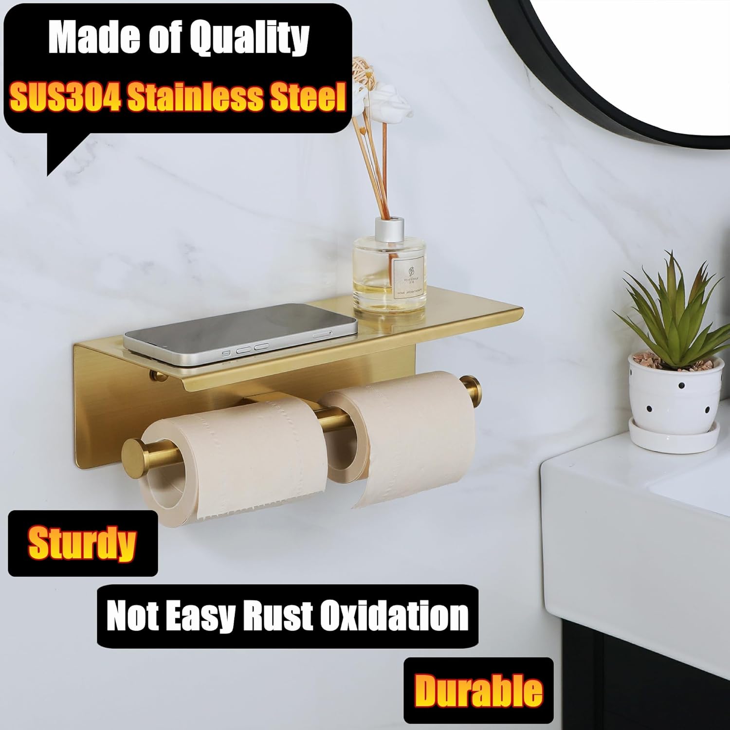 Alise Double Toilet Paper Holder,Bathroom Tissue Holder with Shelf,SUS304 Stainless Steel Toilet Paper Roll Holder Storage Dispenser,Self Adhesive or Wall Mount Drilling Paper Rack,Brushed Golden
