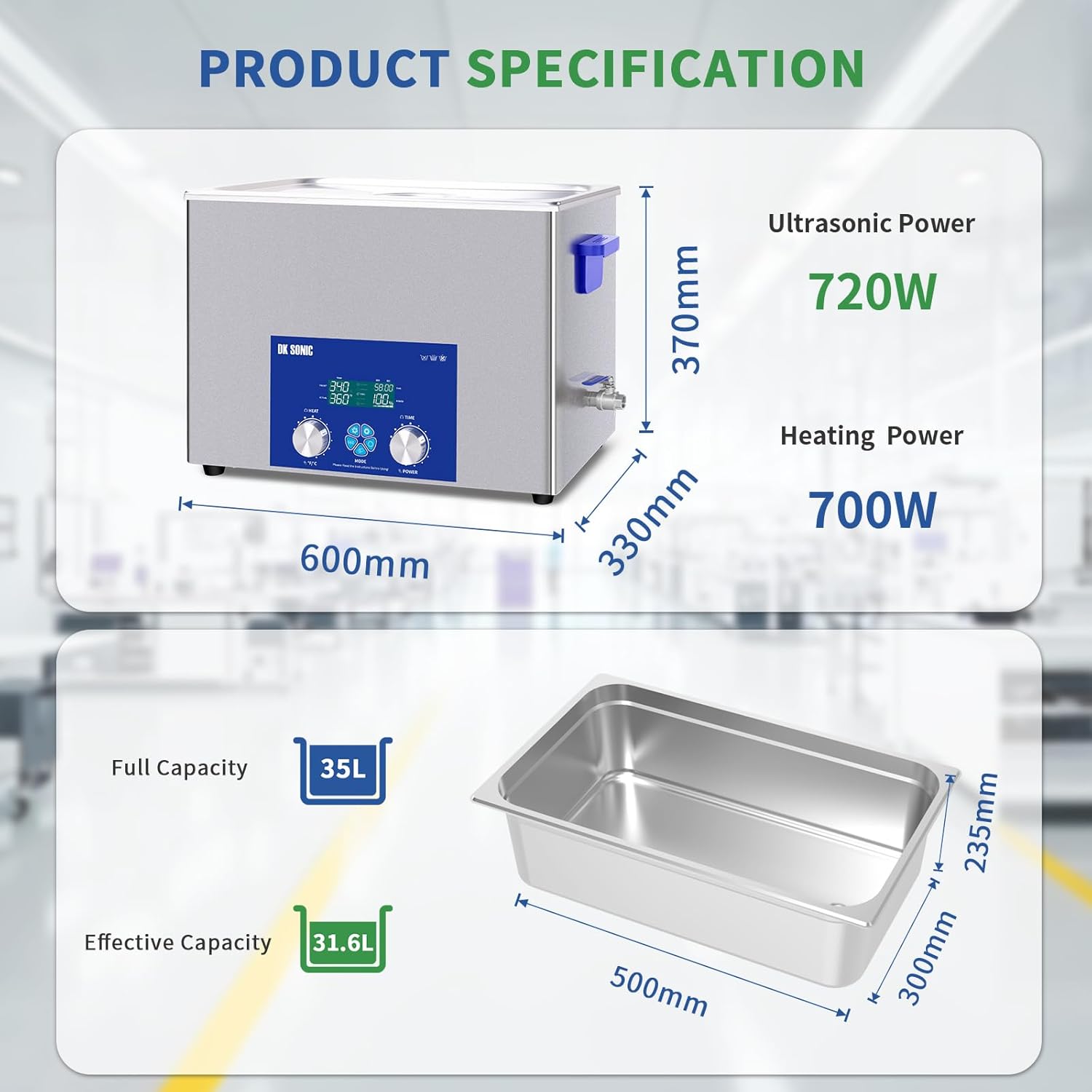 DK SONIC Ultrasonic Cleaner 37L 720W, Ultrasonic Carburetors Cleaner with Intelligent Mechanical Timer, Heater &Power Adjustable Function for Carburettors, Motorbike Engines, Chains